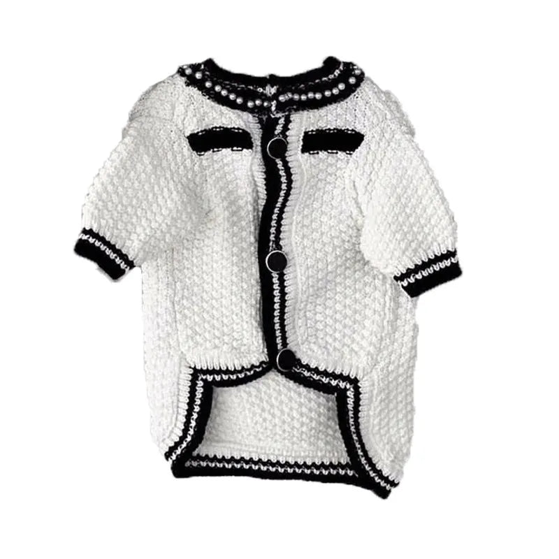 Korean style white puppy sweater with pearl collar detail on small dog