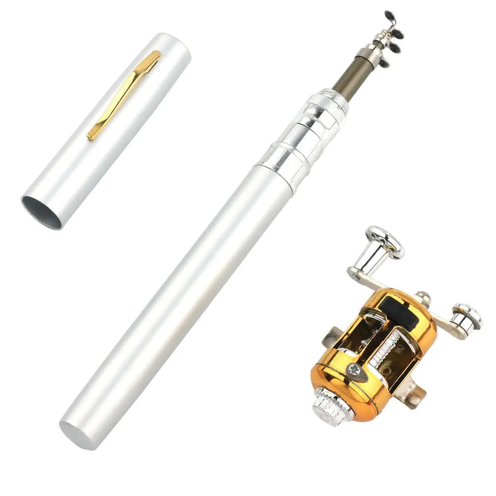Portable telescopic fishing rod kit with reel in aluminium pen case, shown collapsed and extended.