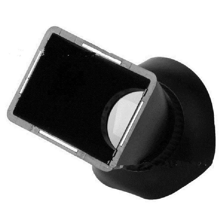 Black camera LCD viewfinder amplifier with magnetic mount attached to a DSLR screen.