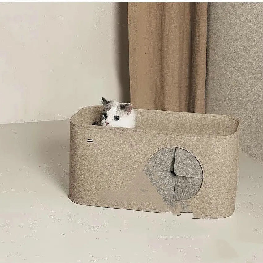 Foldable four seasons cat nest bed in felt material, shown in khaki and grey colour options