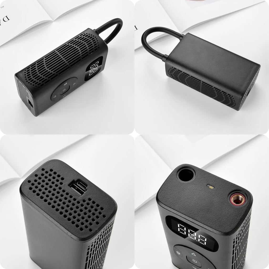 Black cuboid portable air compressor power bank with USB cable for car and bike tyre inflation