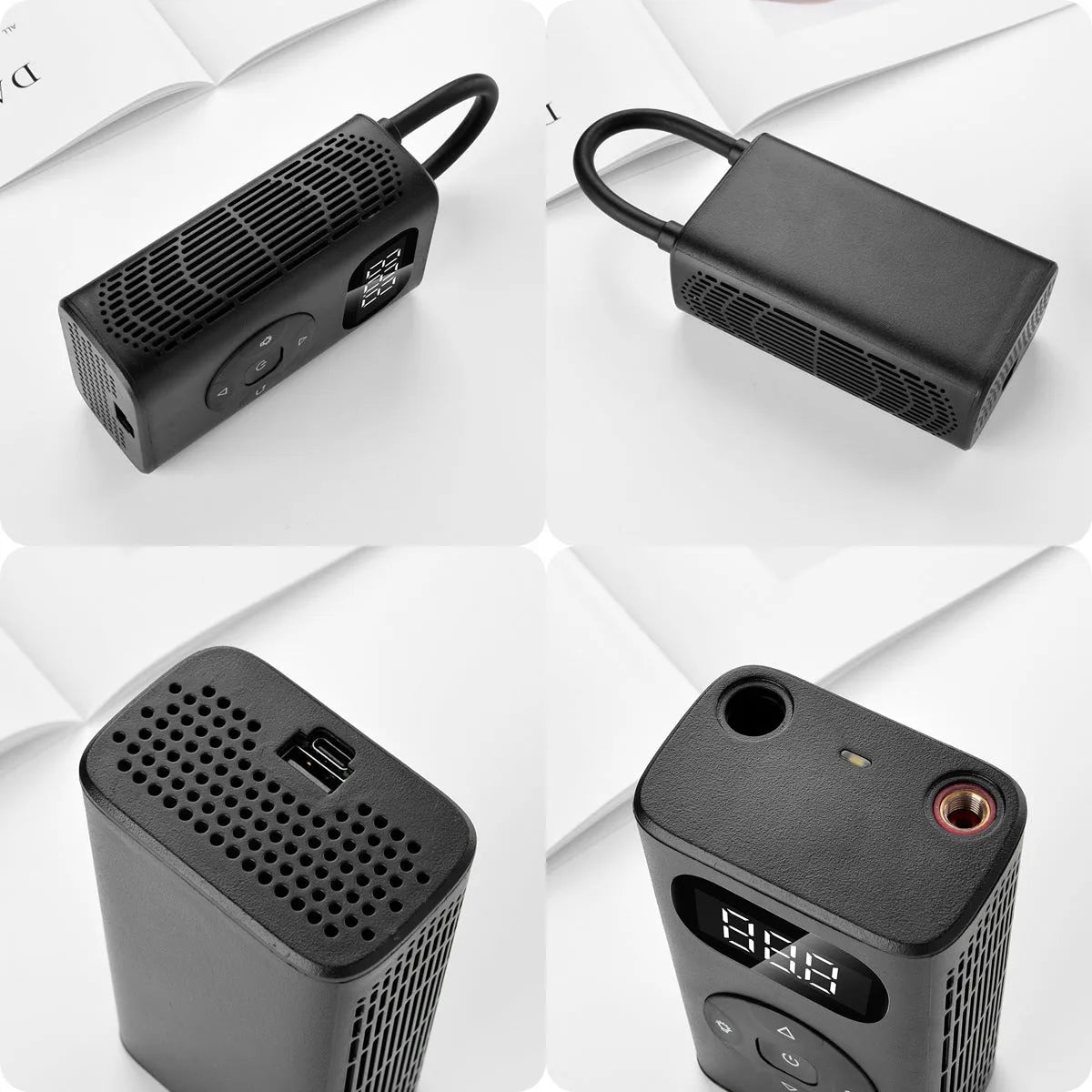 Black cuboid portable air compressor power bank with USB cable for car and bike tyre inflation