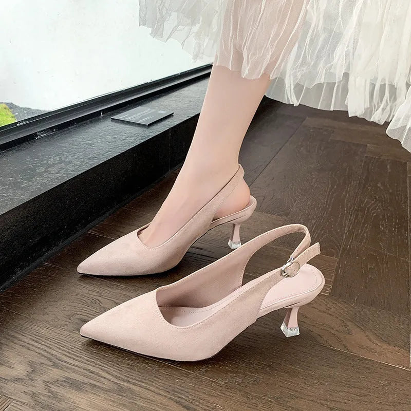 Women's suede stiletto high heels in pointed toe design showing apricot pink blue yellow colour options