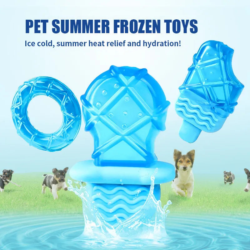 Three water-filled dog cooling toys: pacifier, popsicle and ring shapes for summer heat relief