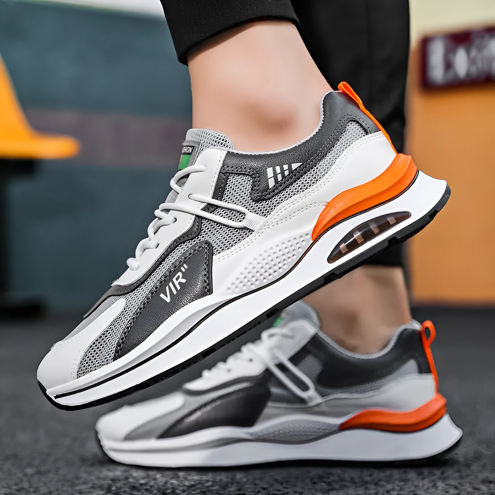 Men's grey mesh running shoes with round toe and EVA sole for summer jogging