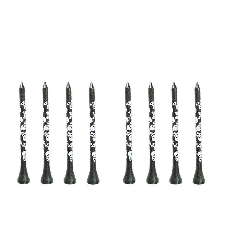 Ten bamboo golf spike dowel pins with black skull print, showing 70mm and 83mm length options.