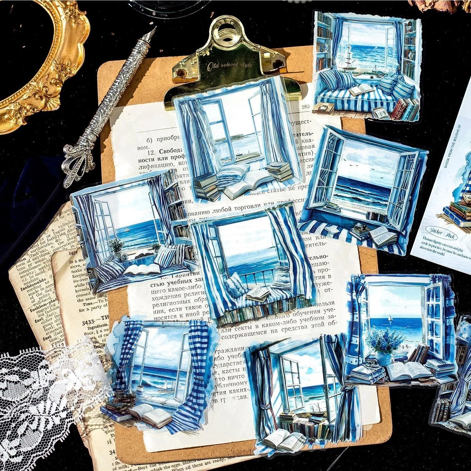 Set of six retro window-themed decorative stickers for journals, including Seaside Window and Flower Window Under the Moon designs.