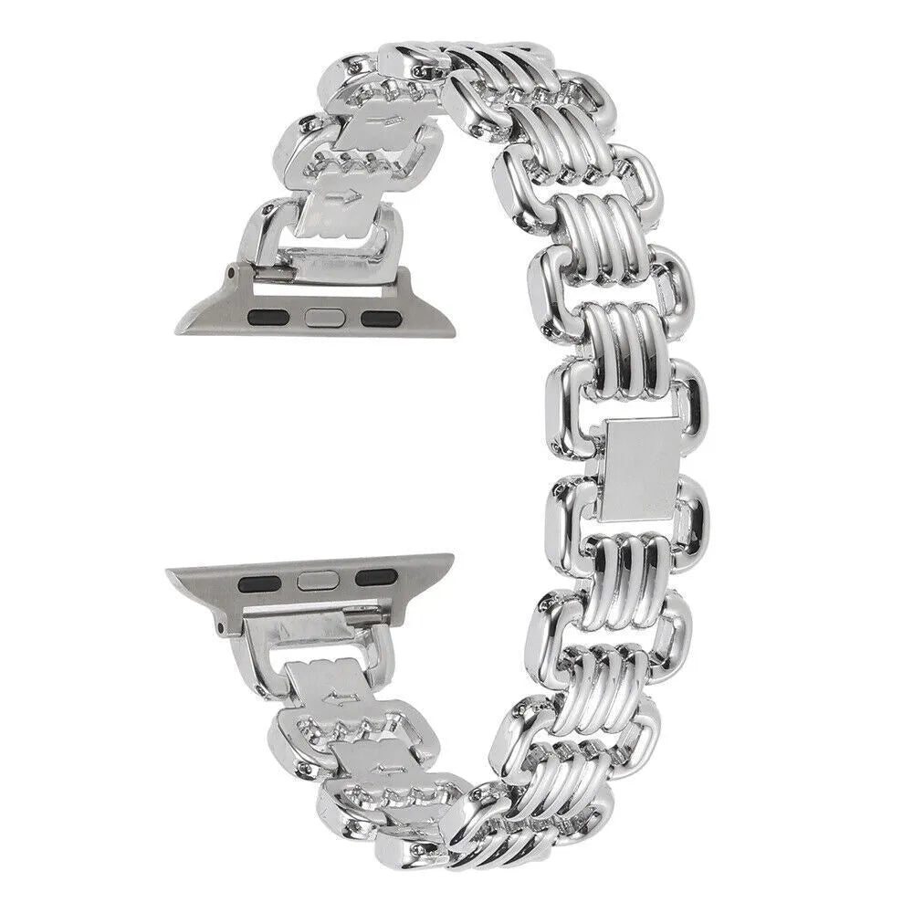 Alloy metal Apple Watch bracelet in silver, black, gold, rose gold, and Starlight colour options.