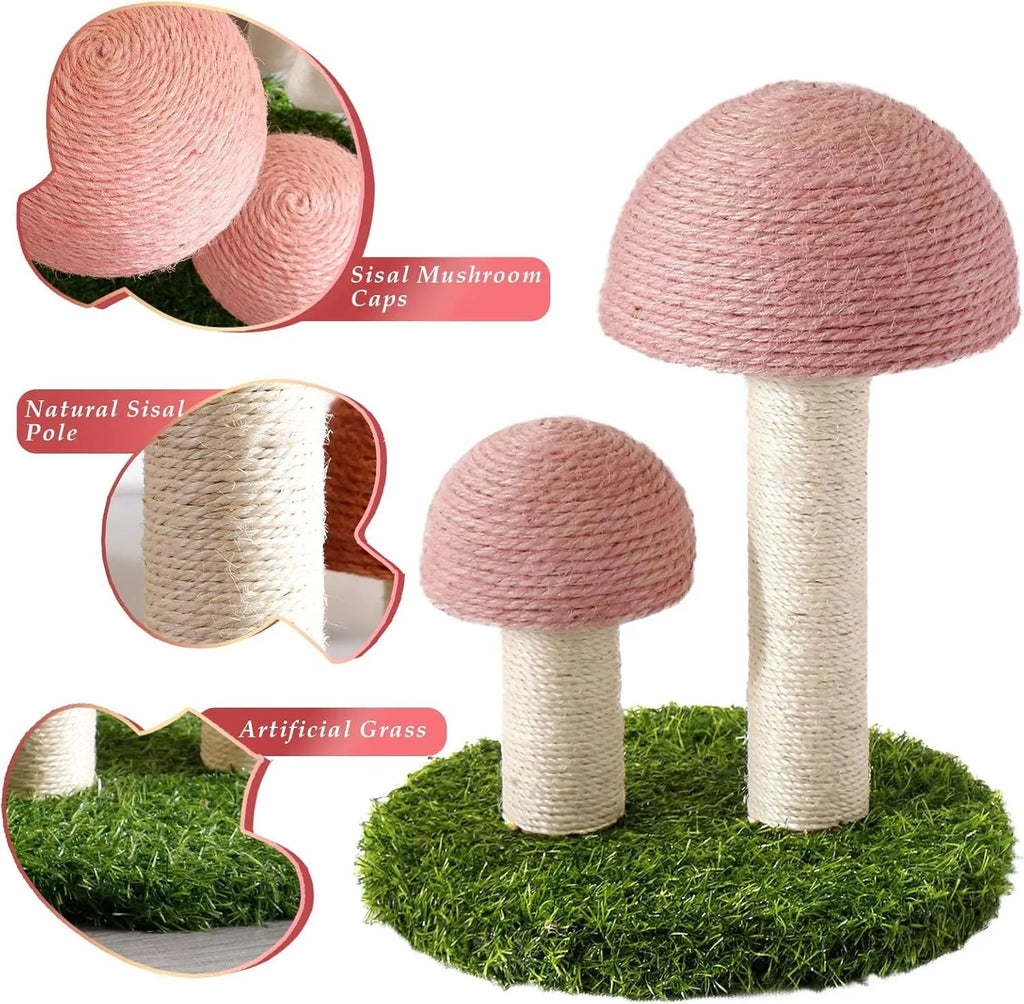 Pink mushroom-shaped cat scratching post with natural sisal cap and pole on a sturdy base.