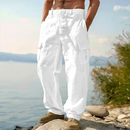 Men's cotton wide-leg casual trousers in light army green colour showing loose fit and mid waist design