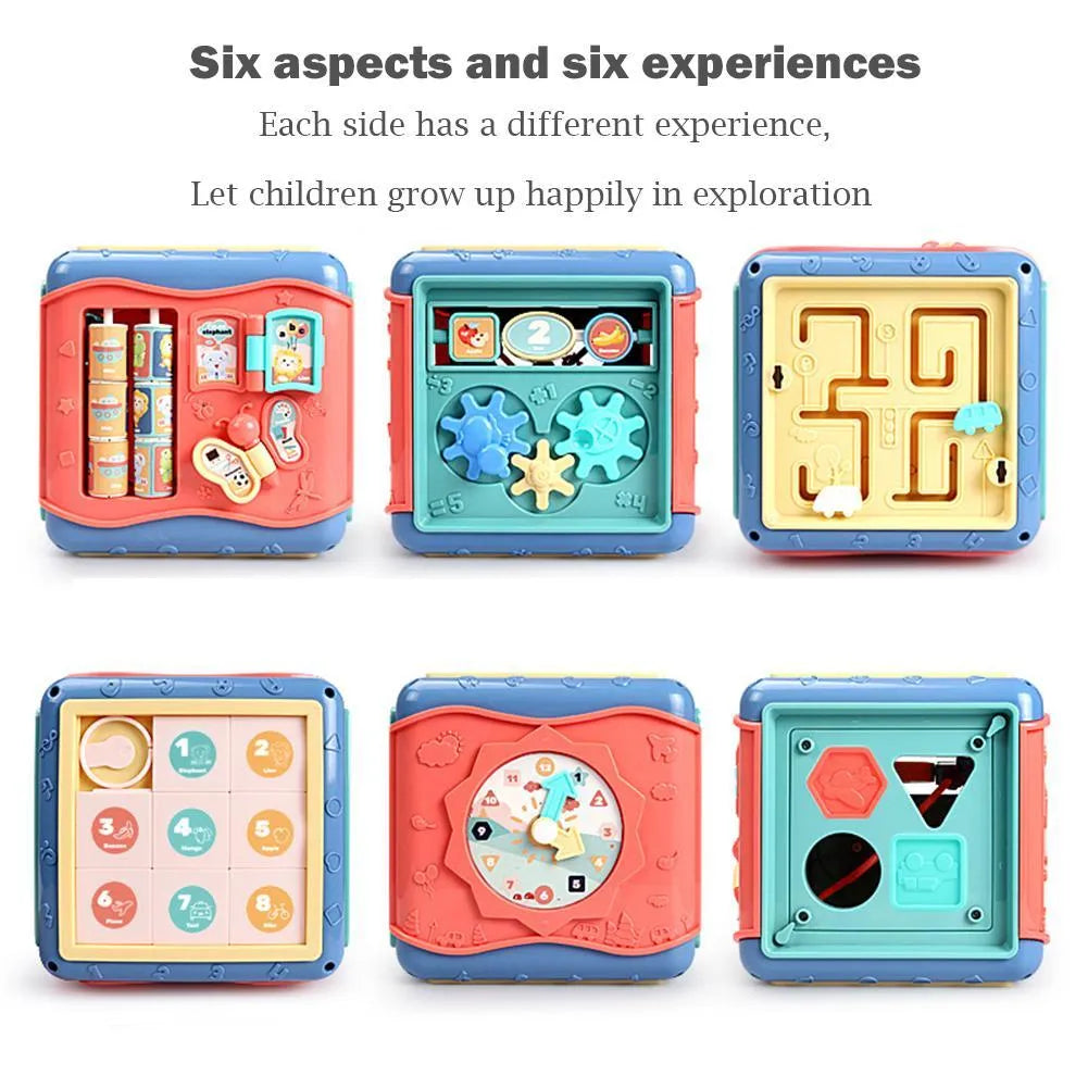 Colourful baby educational hexahedron cube with bead maze, gears, and clock for toddler learning