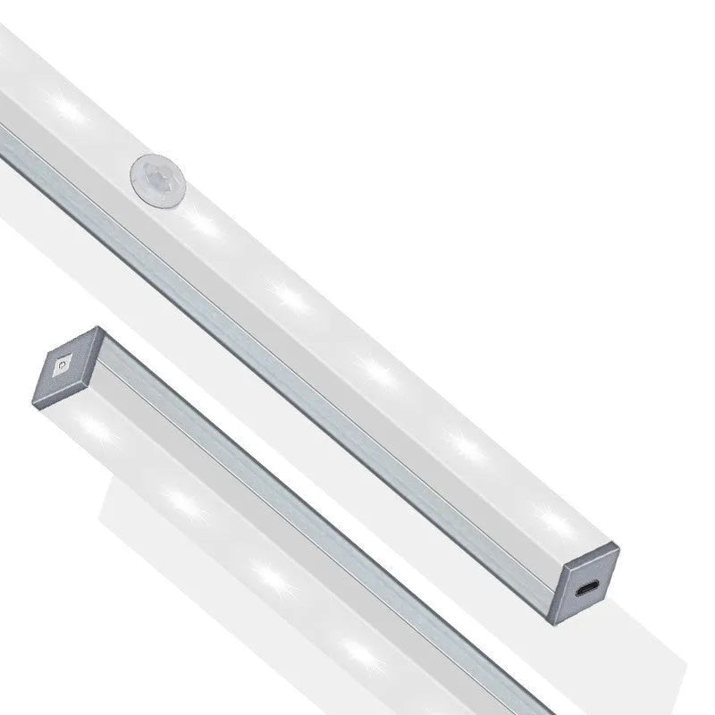 USB rechargeable LED motion sensor strip light with magnetic back, shown illuminating a wardrobe.