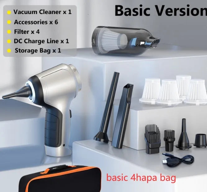 Handheld car vacuum cleaner with brushless motor and inflatable nozzle attachment on grey background