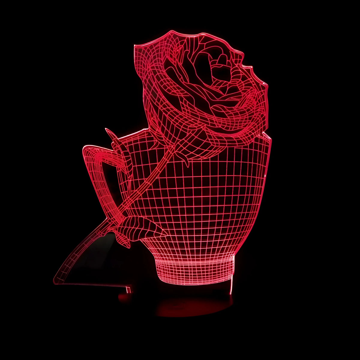 3D rose flower night light showing colour changing illumination with acrylic panel and ABS base