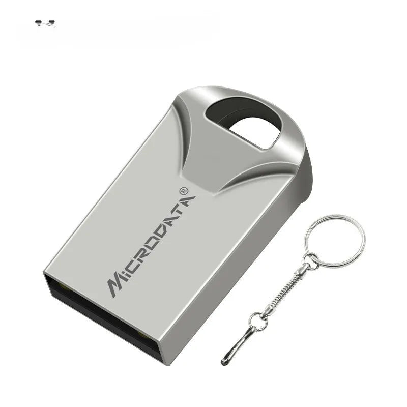 Silver metal car-shaped USB flash drive on a chain, showing scale with 10mm dimensions.