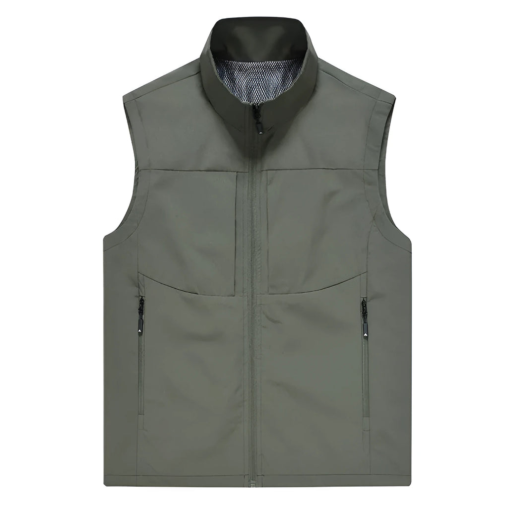 Men's loose fit polyester cardigan vest in khaki with stand collar and zipper pockets.