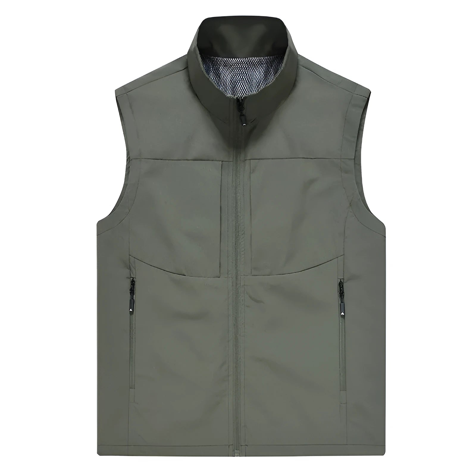 Men's loose fit polyester cardigan vest in khaki with stand collar and zipper pockets.