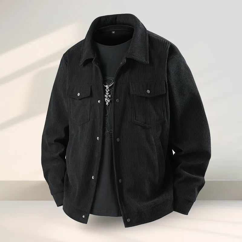 Men's slim fit black coat with a ruffle detail on the front, made from Lycra fabric.