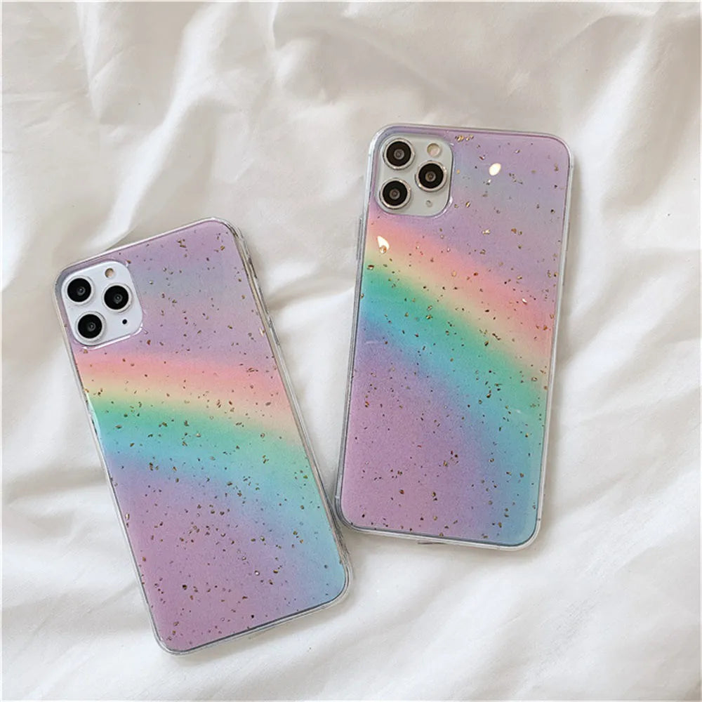 Rainbow gradient striped TPU phone case for iPhone models with anime-inspired design