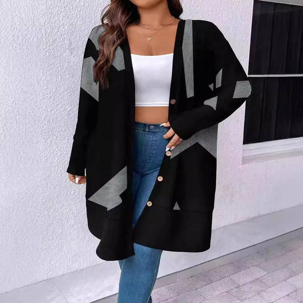 Black plus size knitwear cardigan with button stitching and printing design