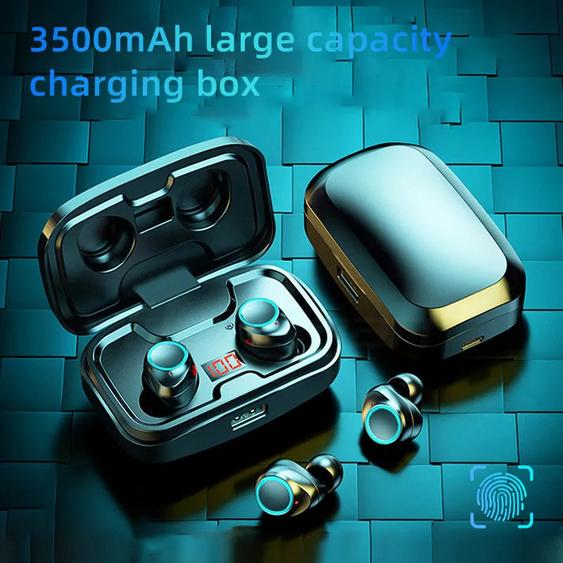 Black wireless Bluetooth earpieces with their plastic charging case on a table