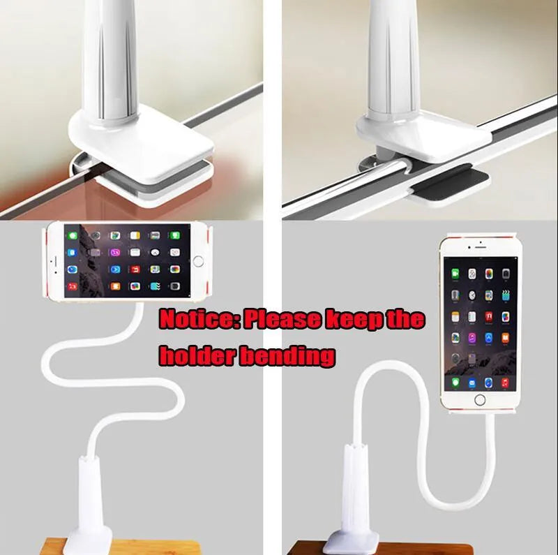 Black oversize bedside phone holder with a long flexible arm mounted on a wooden table.
