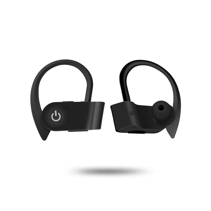 Black wireless Bluetooth earphones with an ergonomic design shown on a grey background.