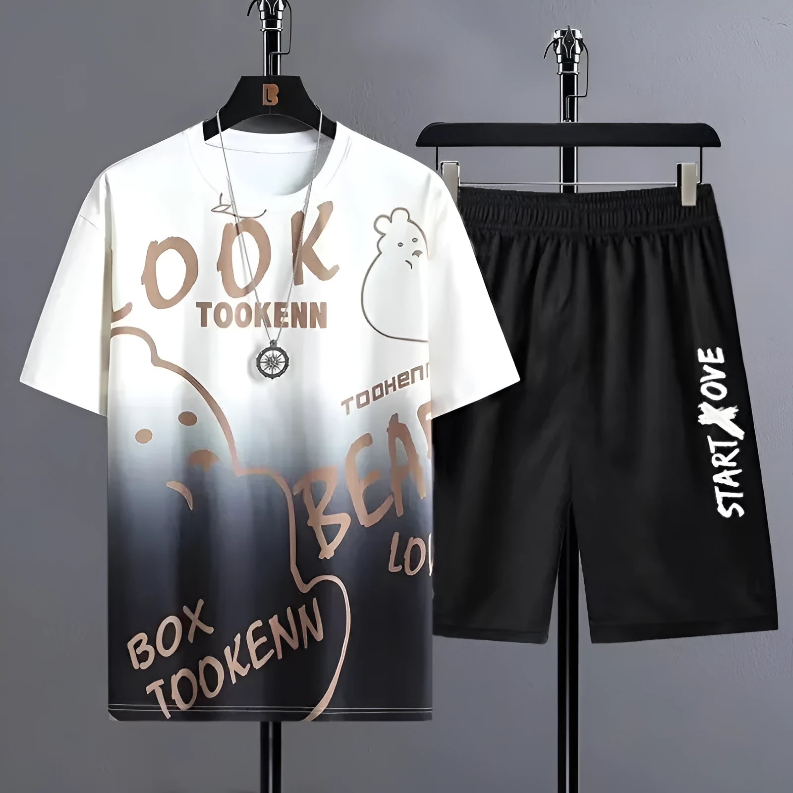 Men's light grey summer suit set with short sleeve T-shirt and matching shorts on hanger