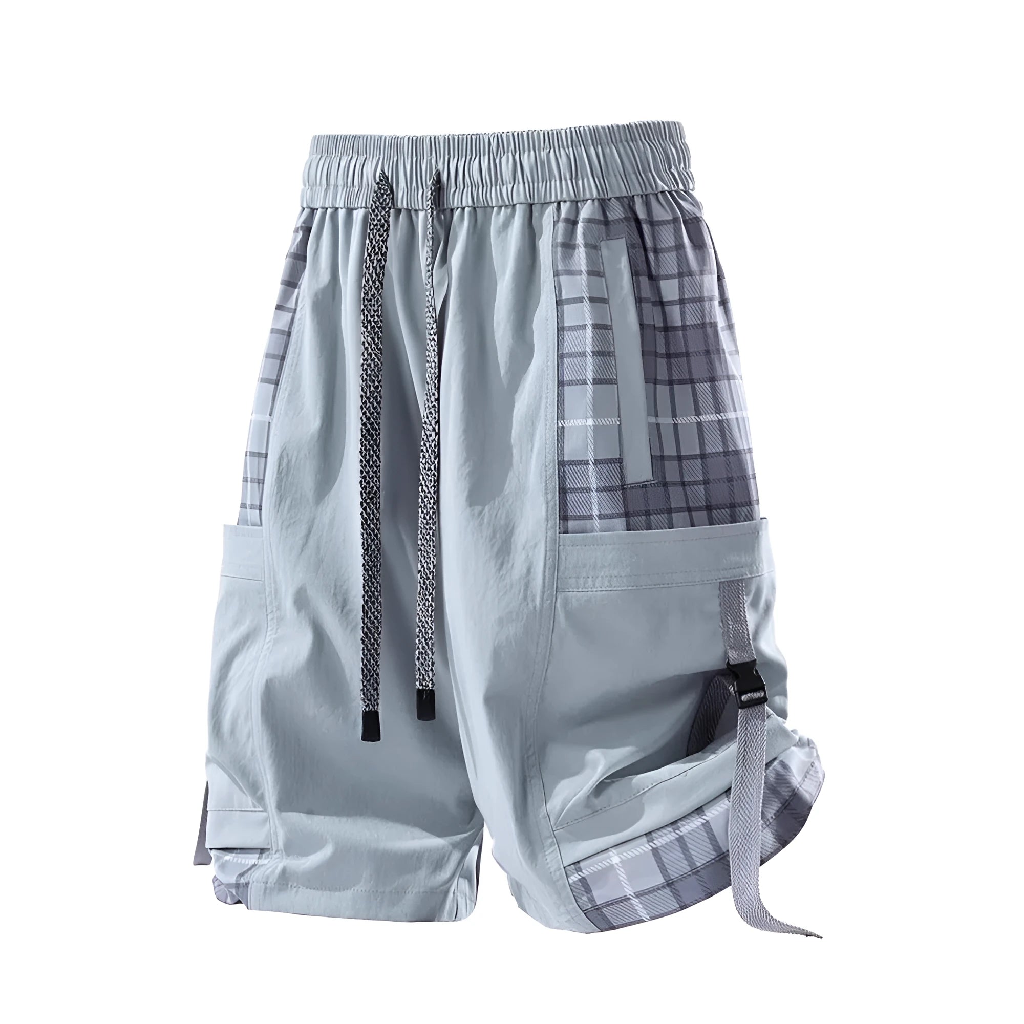 Men's loose fit cargo shorts with plaid stitching detail in black, light grey, and smoky grey.