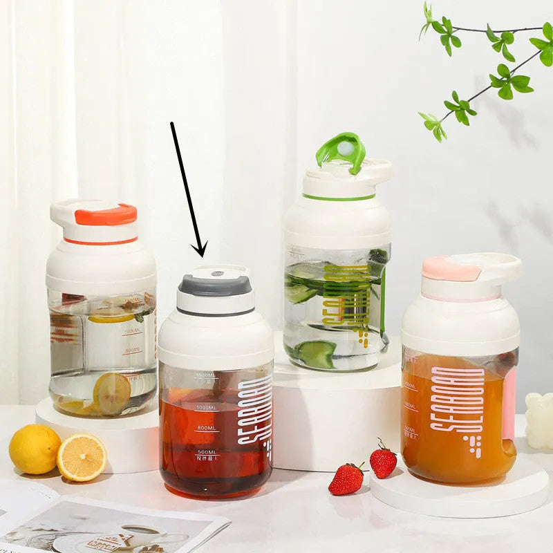 Electric portable juicer with 1500ml juice cup, 80W motor, plastic body, and PC food grade liner, shown in pink, grey, green, or orange.