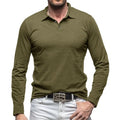 Men's dark grey long sleeve cotton t-shirt with a polo collar, laid flat.