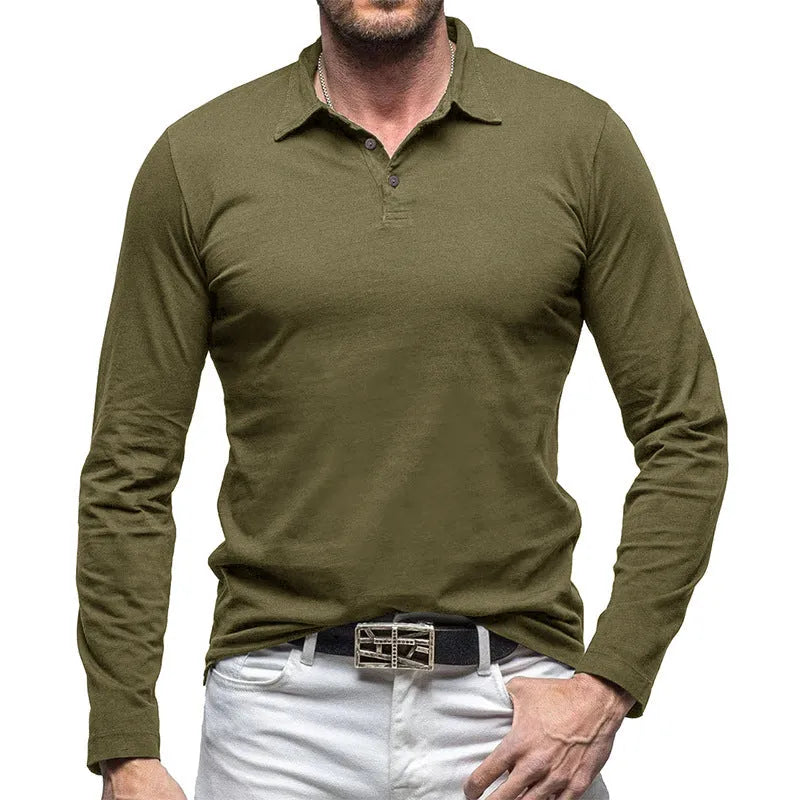Men's dark grey long sleeve cotton t-shirt with a polo collar, laid flat.