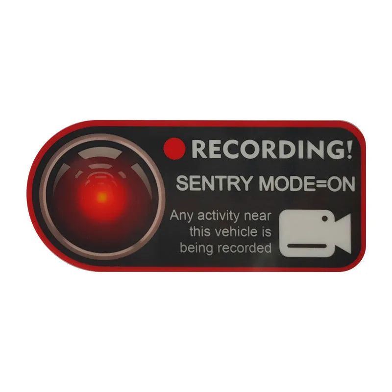 Pair of black and white electrostatic warning stickers for Tesla sentry mode, sized 11cm by 5cm.