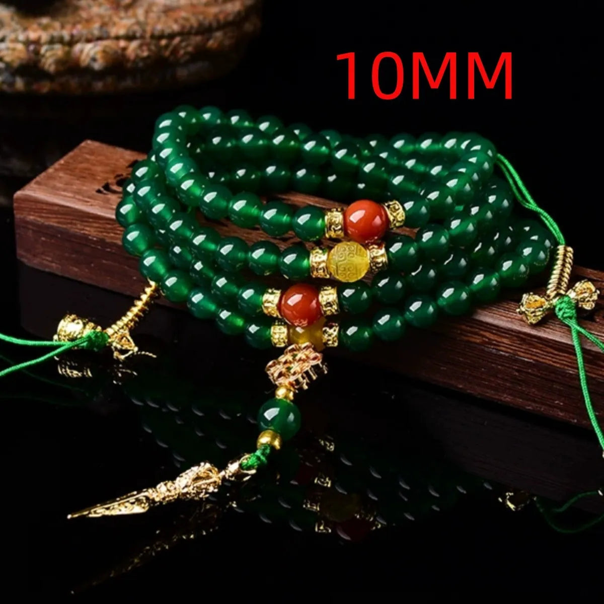 Handmade multi-circle bracelet with green agate beads from Brazil, shown in unisex styling.