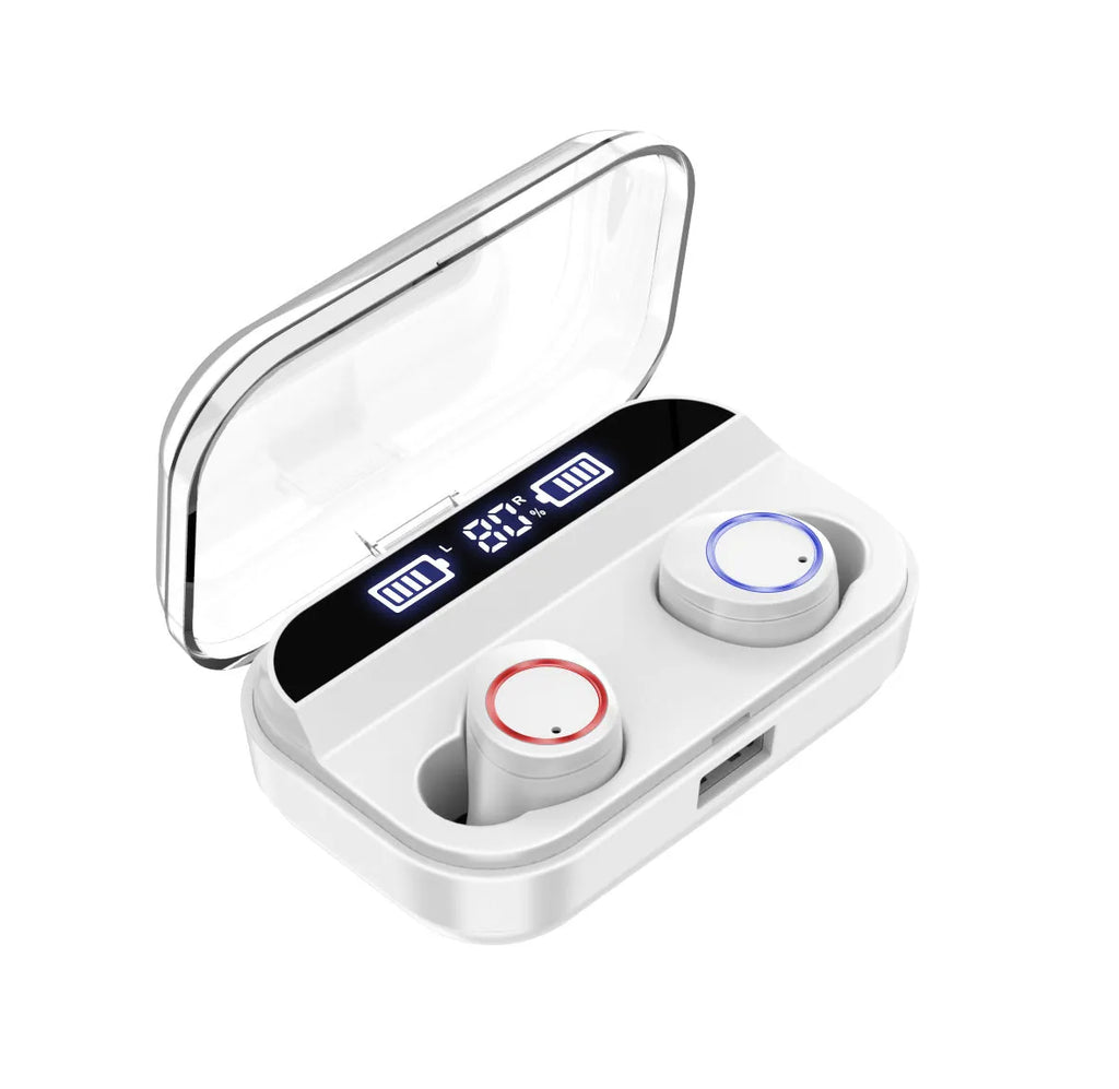 Black X11 Bluetooth wireless earbuds with charging case and silicone ear tips
