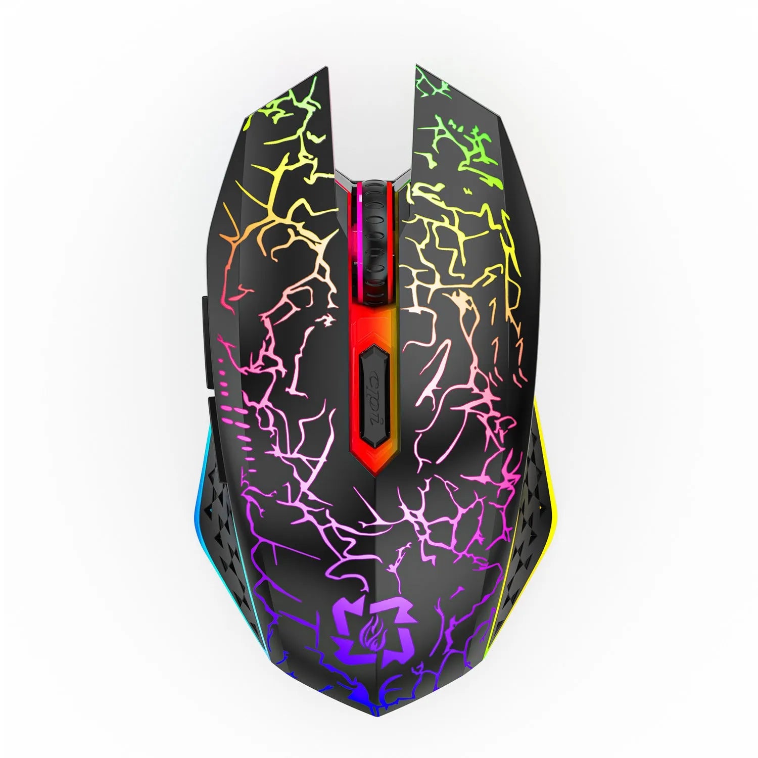 Black and white wireless gaming mouse with breathing lights and USB charging cable on desktop