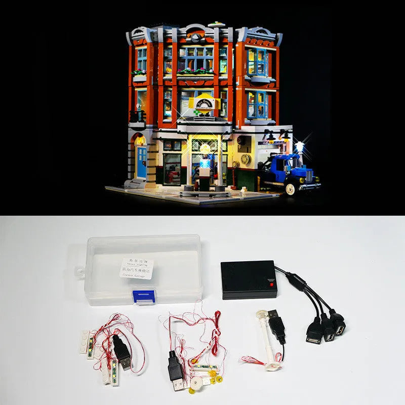 Plastic LED lighting accessories for MOC model building in corner repair shop configuration
