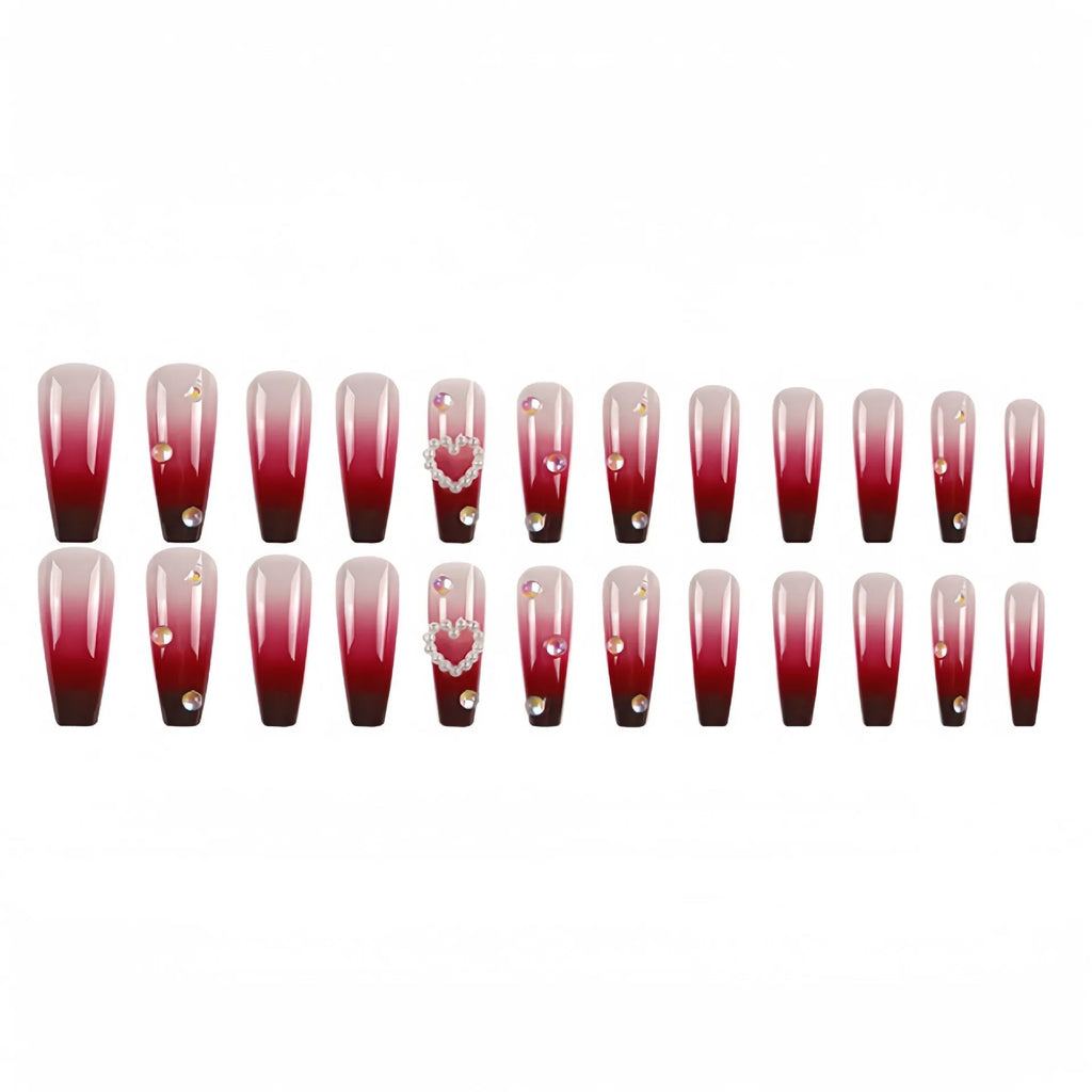 Wine red gradient plaid fake nail tips with ballet style shape