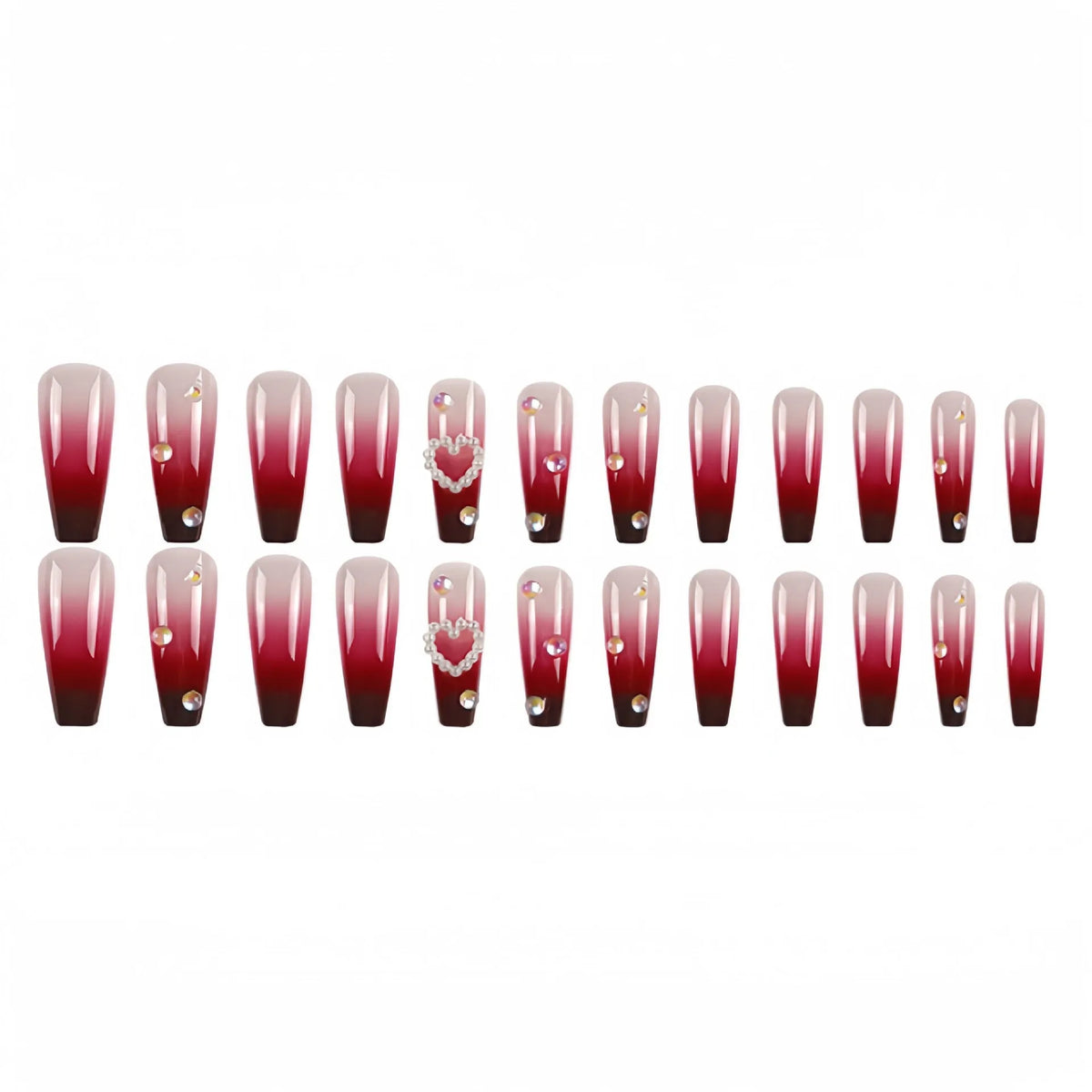 Wine red gradient plaid fake nail tips with ballet style shape