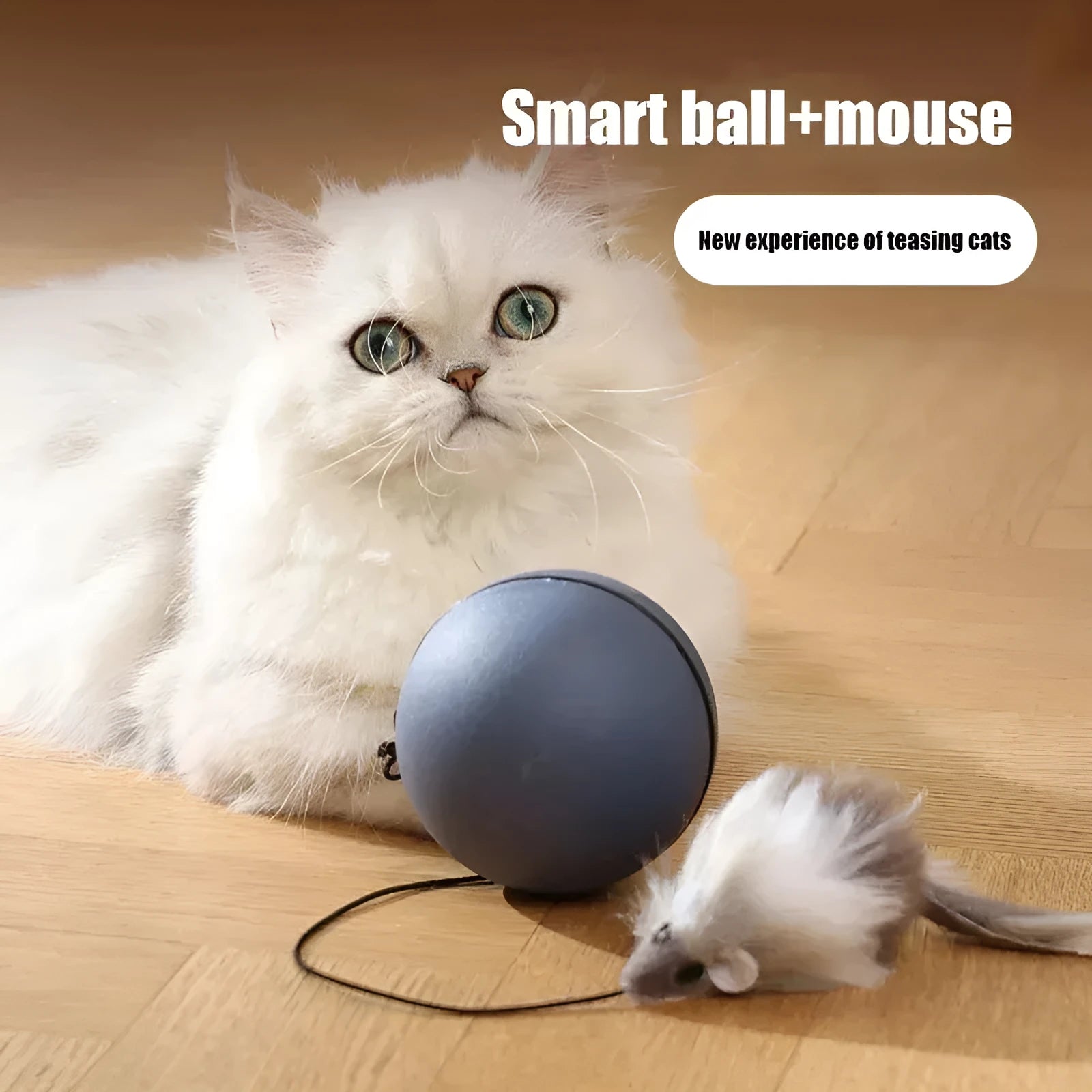 Automatic cat teasing ball with plush mouse attachment in blue orange and dark grey colours