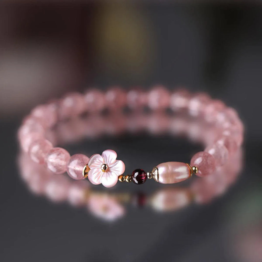 Crystal peach blossom bracelet with strawberry quartz coloured flower beads for women's casual jewellery