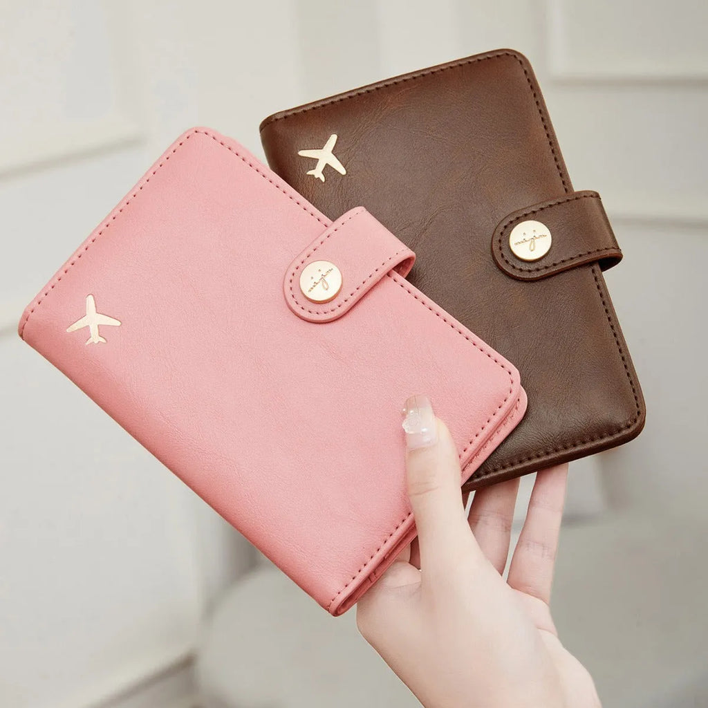PU leather multifunctional passport holder wallet in various colours showing sewing line detail and anti-theft protection.