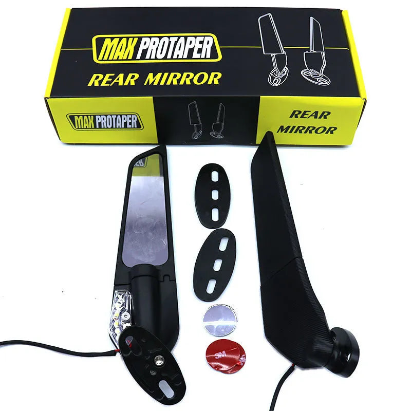 Pair of aluminium alloy motorcycle rearview mirrors with integrated yellow running lights and convex glass lenses.