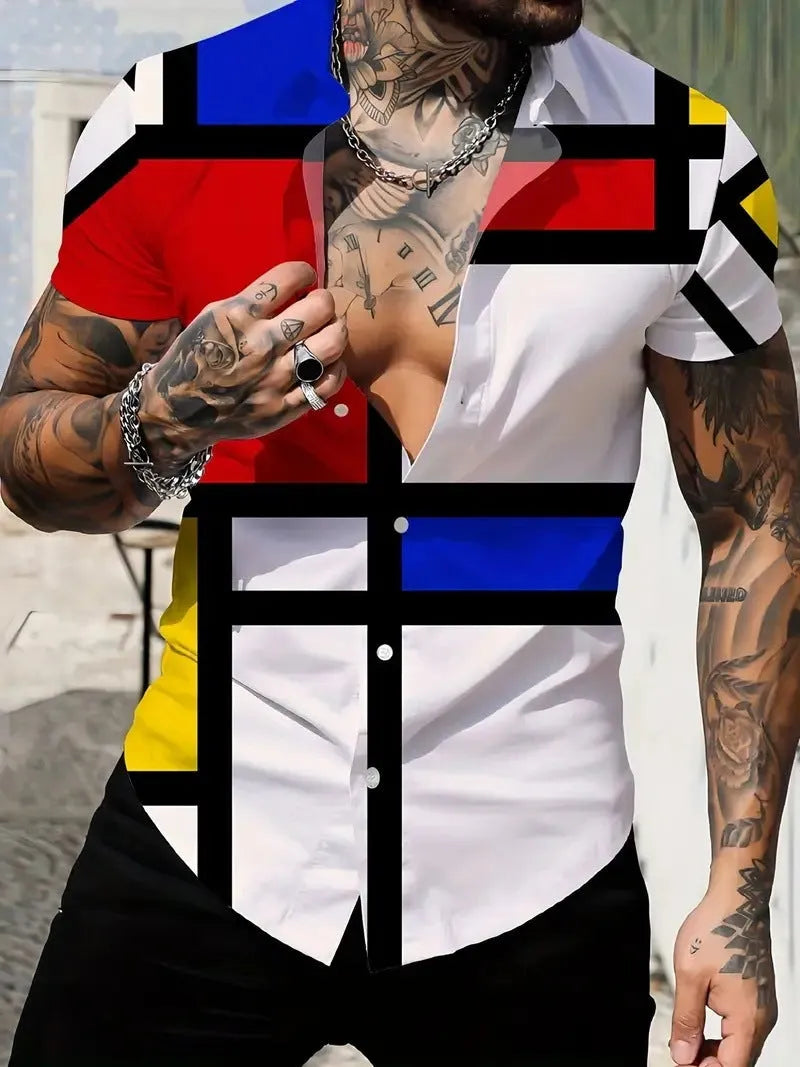 Men's slim fit geometric print short sleeve polyester shirt laid flat, showing lapel and cardigan style.