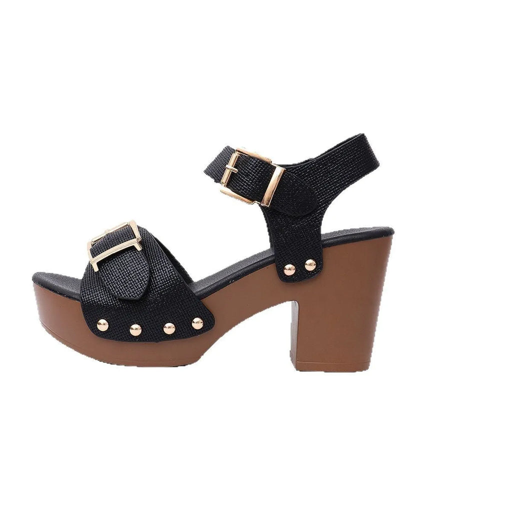 Plus size women's high heel sandals with a buckle strap and thick heel in beige.