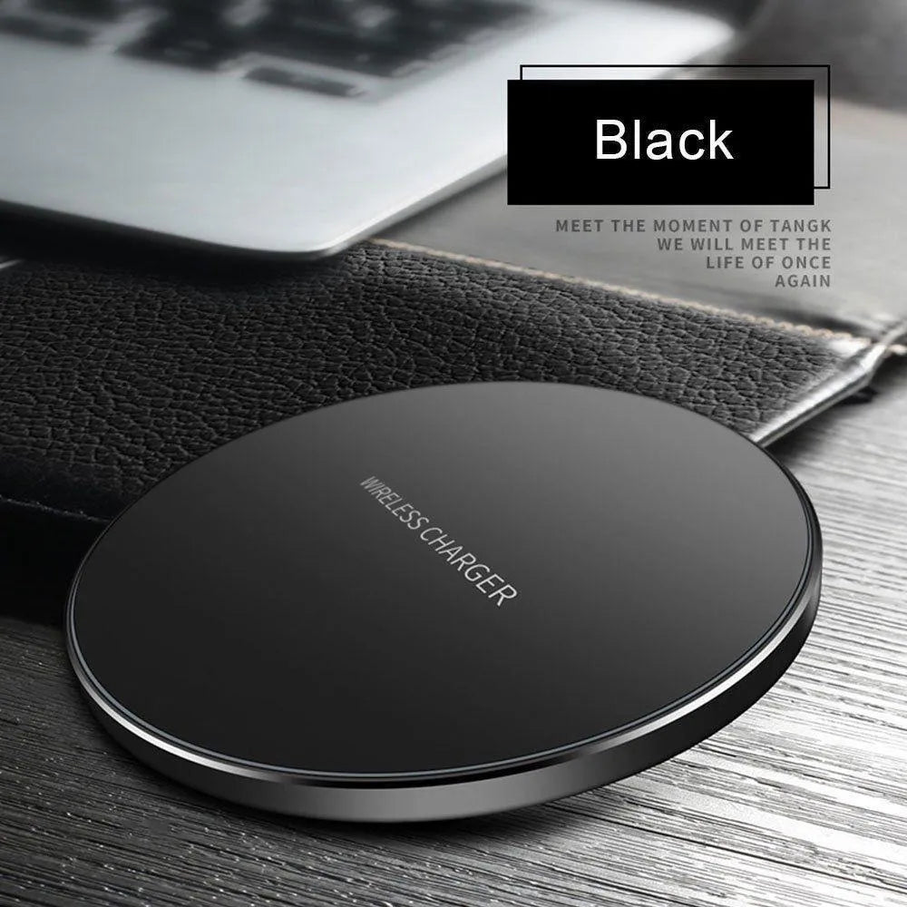 Black square wireless charging pad with ultra-thin 6.5mm profile showing 9V QI fast charging capability