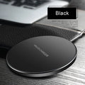 Black square wireless charging pad with ultra-thin 6.5mm profile showing 9V QI fast charging capability