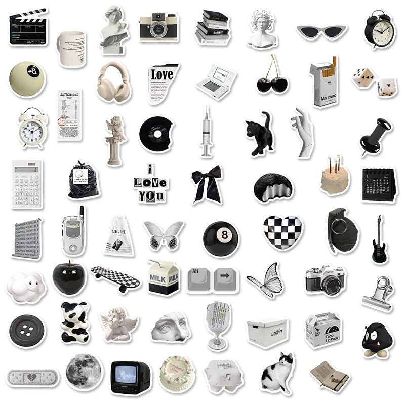 Black and white waterproof PVC sticker pack with coffee cup designs for laptops and phones