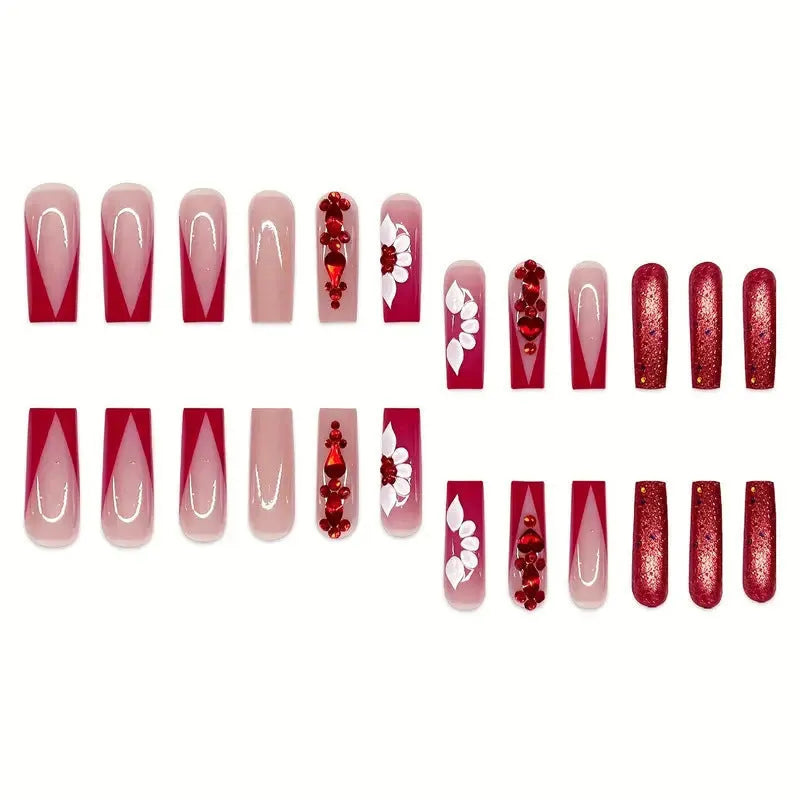 Sweet flower pattern fake nails with red diamond decorations in long European Square shape