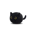 Fluffy black cat plush toy used as a soft pillow cushion on a sofa.